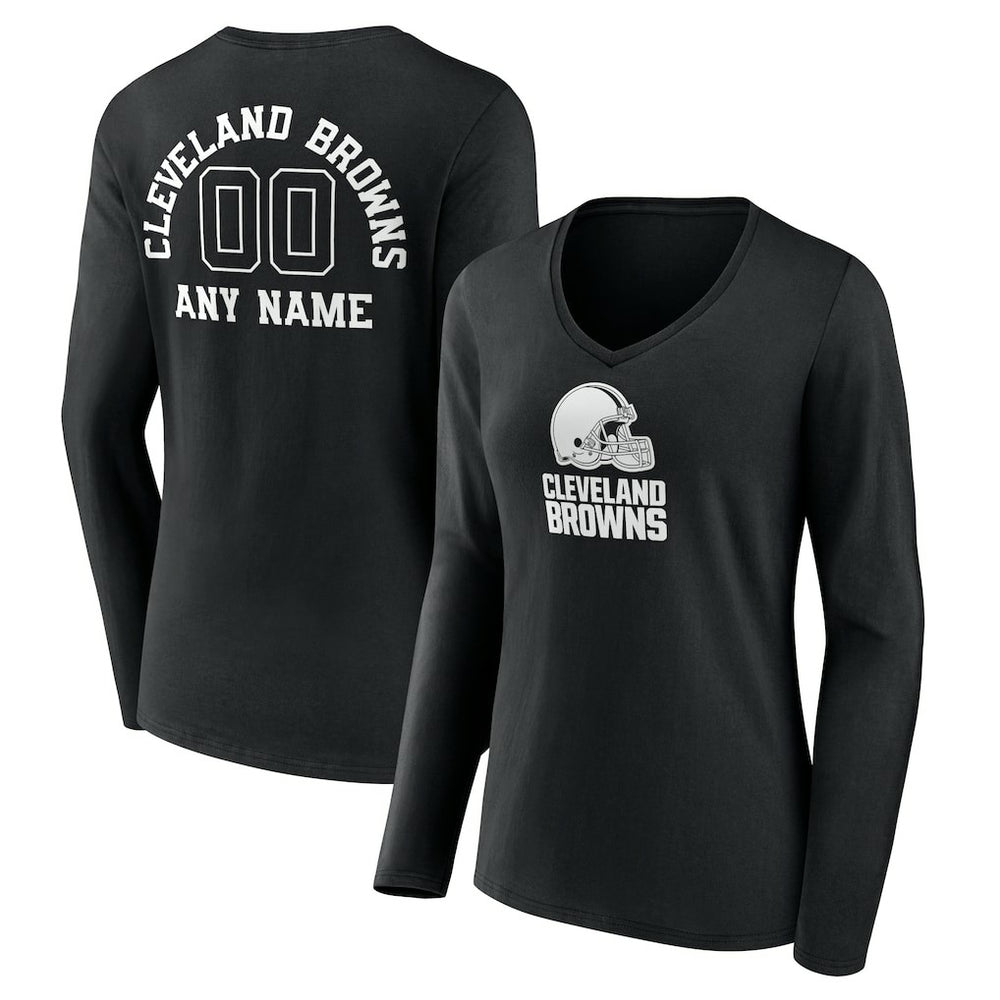 Cleveland Browns Women's Personalized Name & Number Monochrome Long Sleeve V-Neck T-Shirt - Black for sale