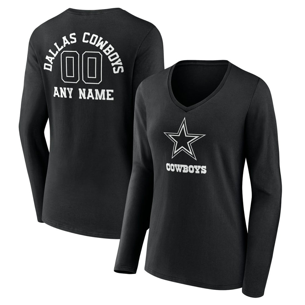Dallas Cowboys Women's Personalized Name & Number Monochrome Long Sleeve V-Neck T-Shirt - Black for sale