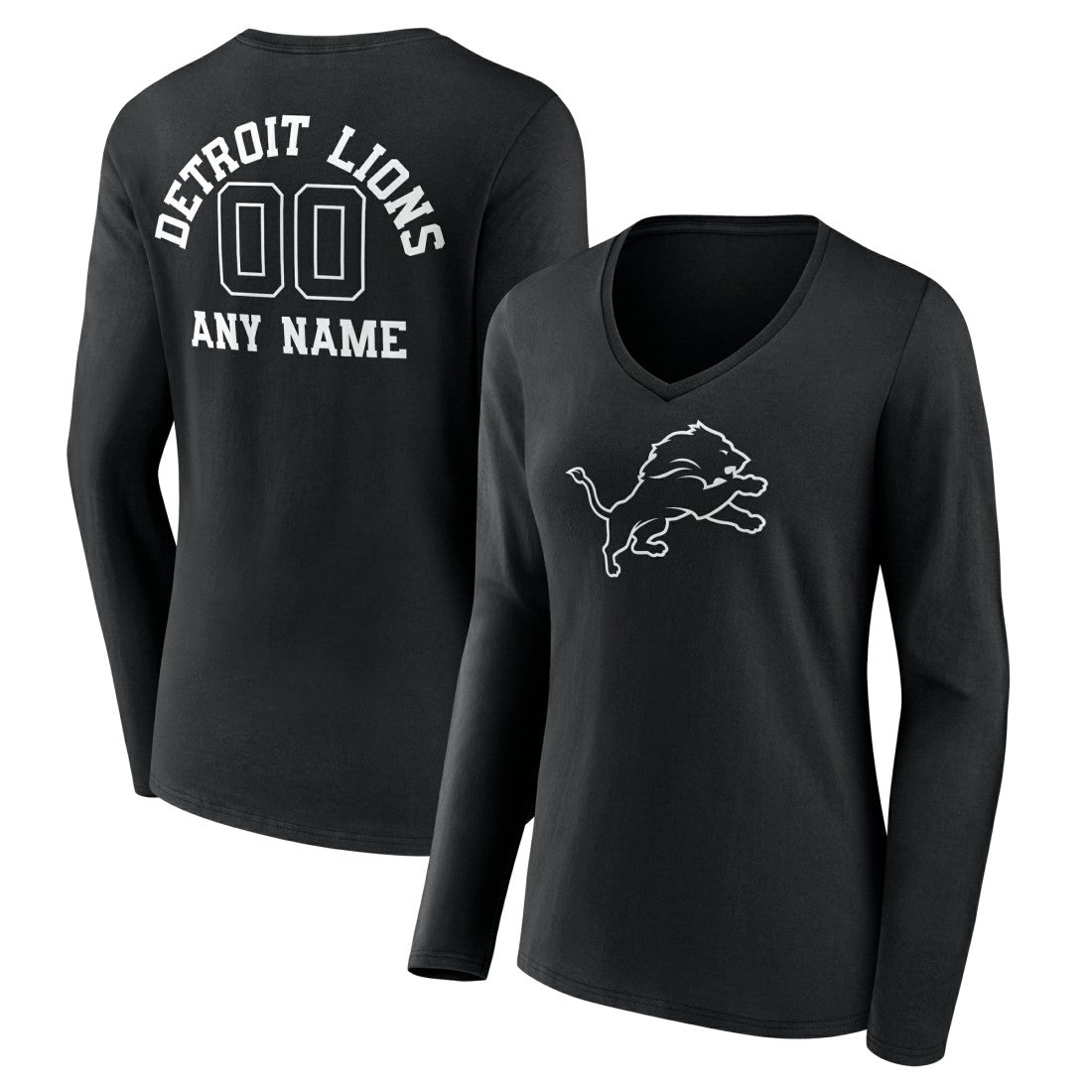 Detroit Lions Women's Personalized Name & Number Monochrome Long Sleeve V-Neck T-Shirt - Black discount