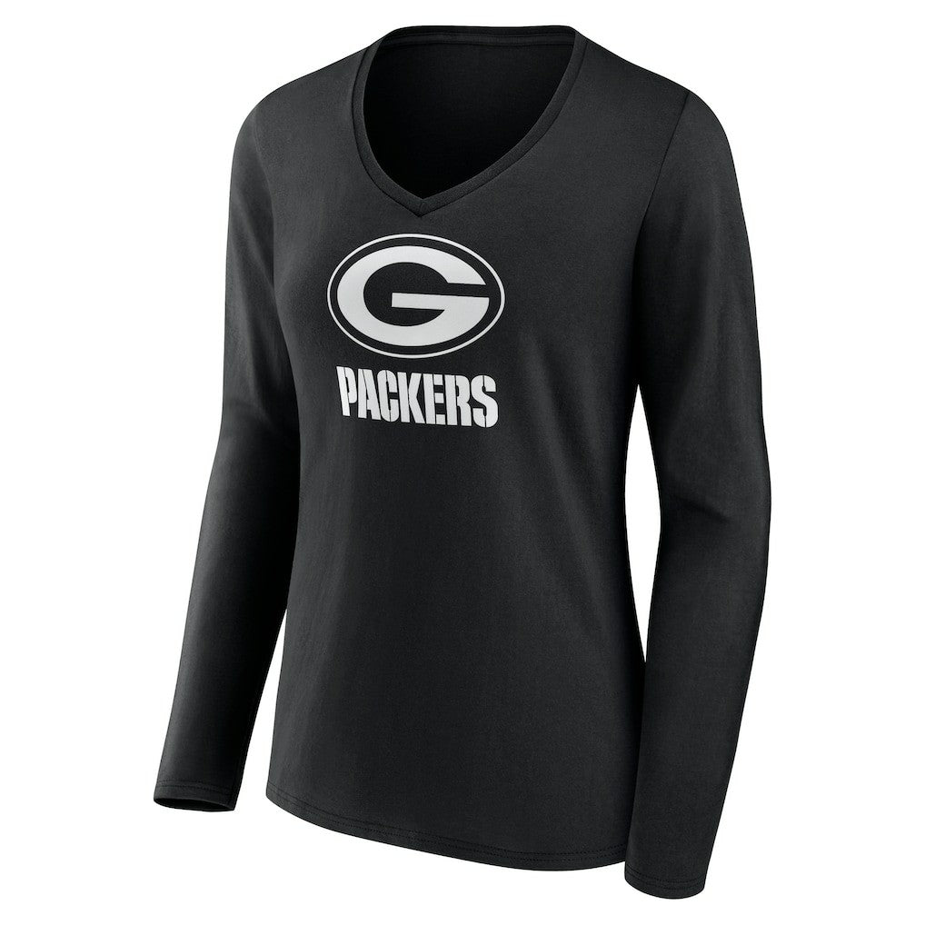 Green Bay Packers Women's Personalized Name & Number Monochrome Long Sleeve V-Neck T-Shirt - Black on sale