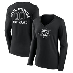 Miami Dolphins Women's Personalized Name & Number Monochrome Long Sleeve V-Neck T-Shirt - Black discount