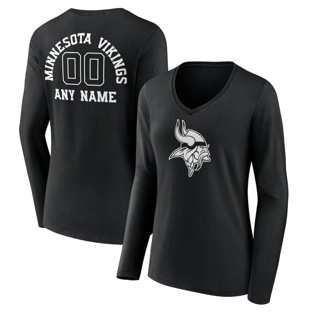 Minnesota Vikings Women's Personalized Name & Number Monochrome Long Sleeve V-Neck T-Shirt - Black for sale