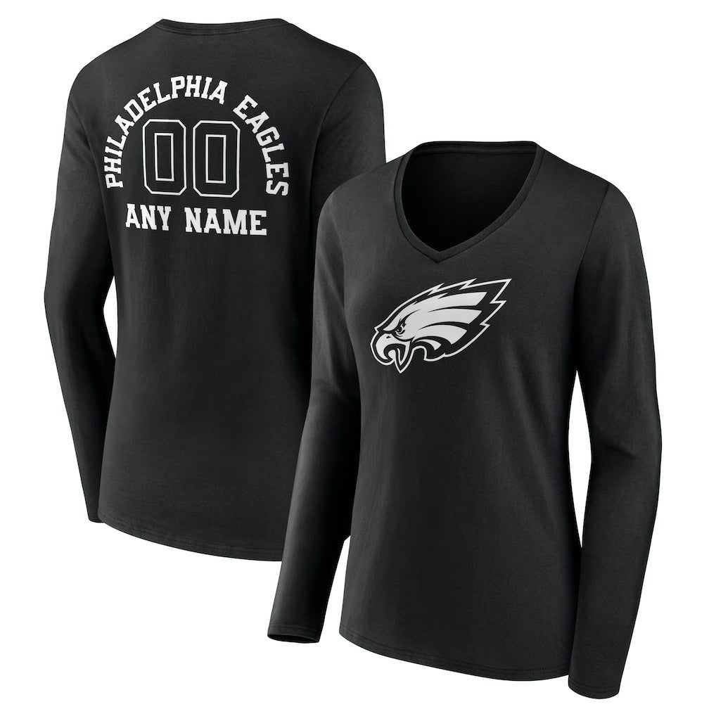 Philadelphia Eagles Women's Personalized Name & Number Monochrome Long Sleeve V-Neck T-Shirt - Black on sale