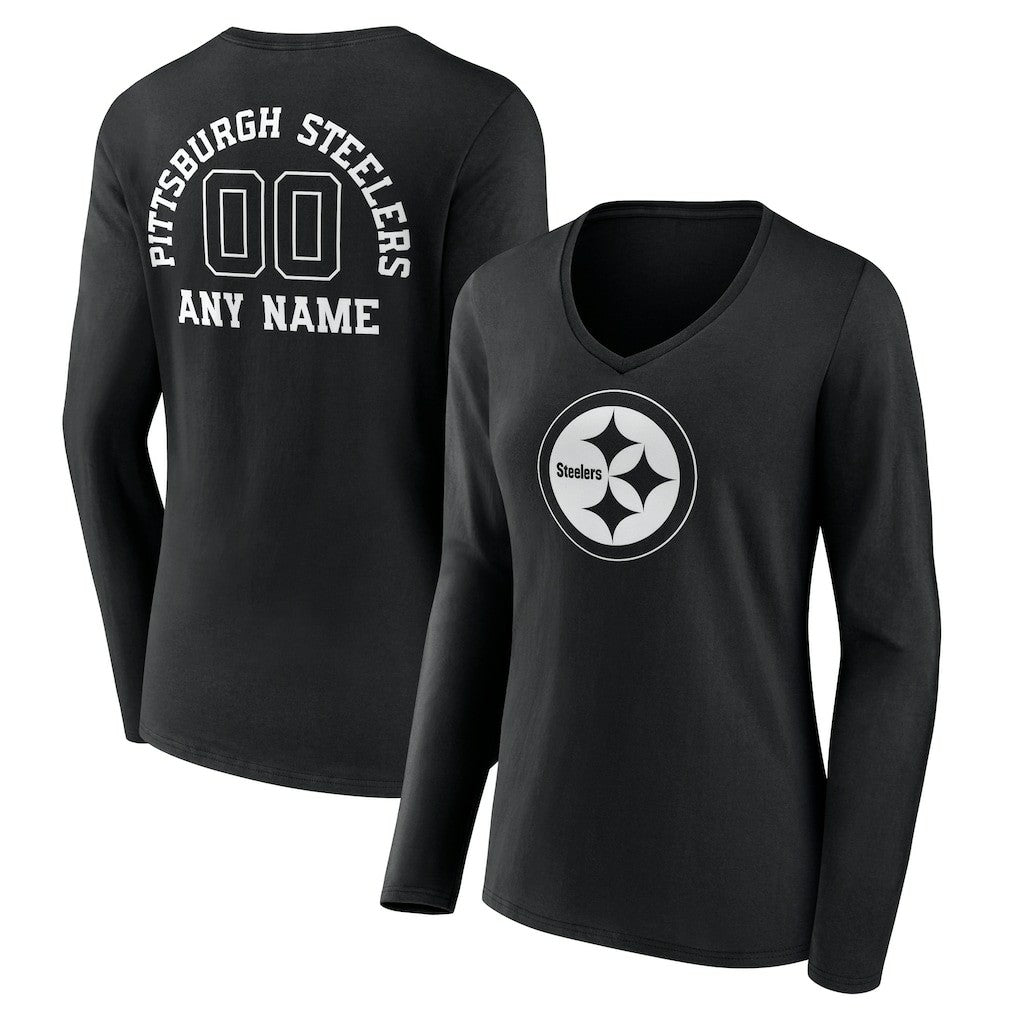 Pittsburgh Steelers Women's Personalized Name & Number Monochrome Long Sleeve V-Neck T-Shirt - Black cheap