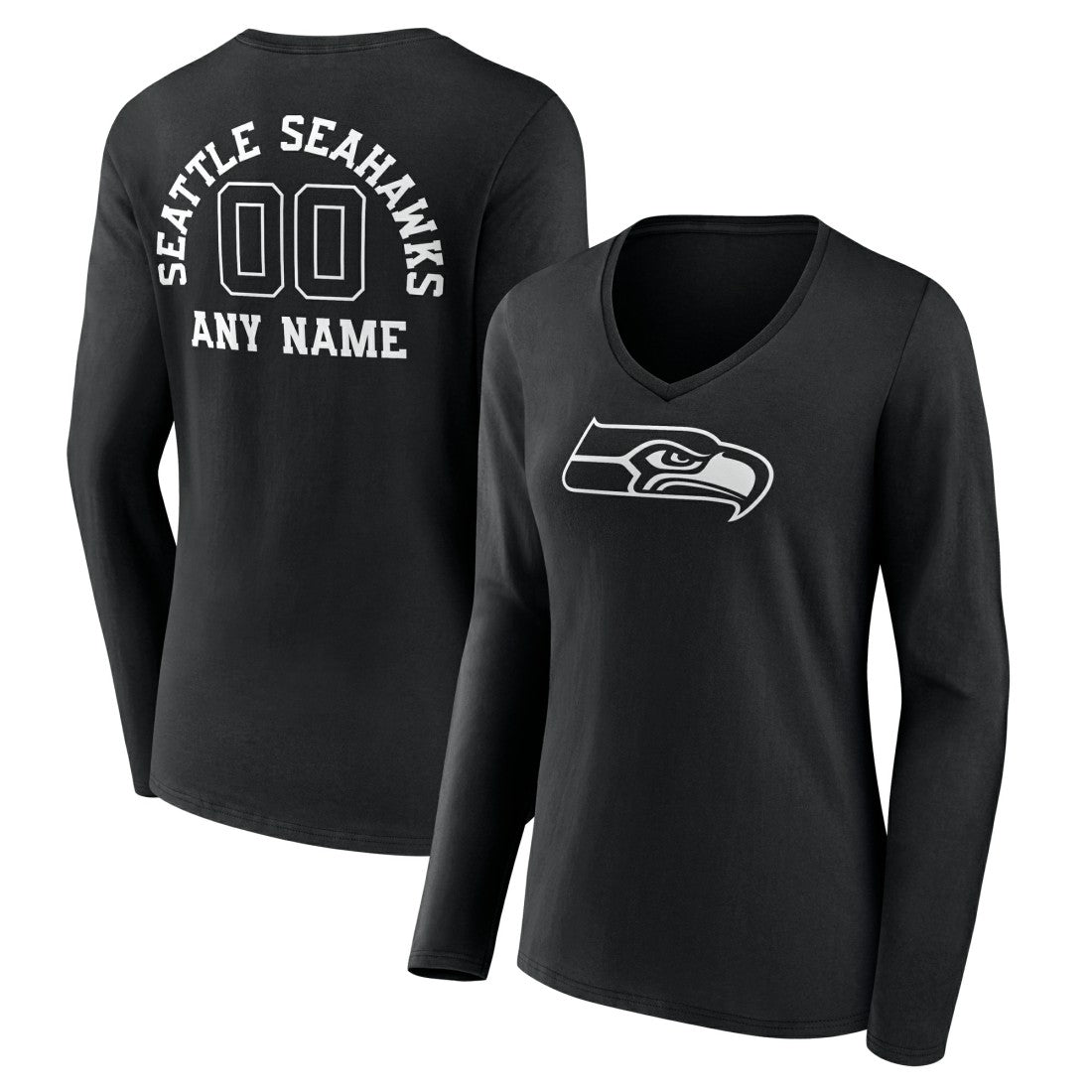 Seattle Seahawks Women's Personalized Name & Number Monochrome Long Sleeve V-Neck T-Shirt - Black on sale