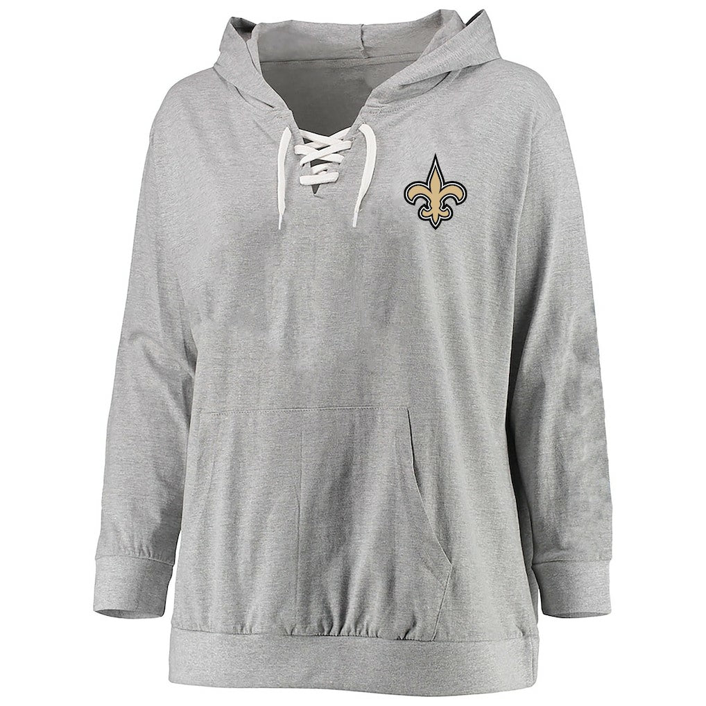 New Orleans Saints Women's Plus Size Lace-up Pullover Hoodie - Heather Gray for sale