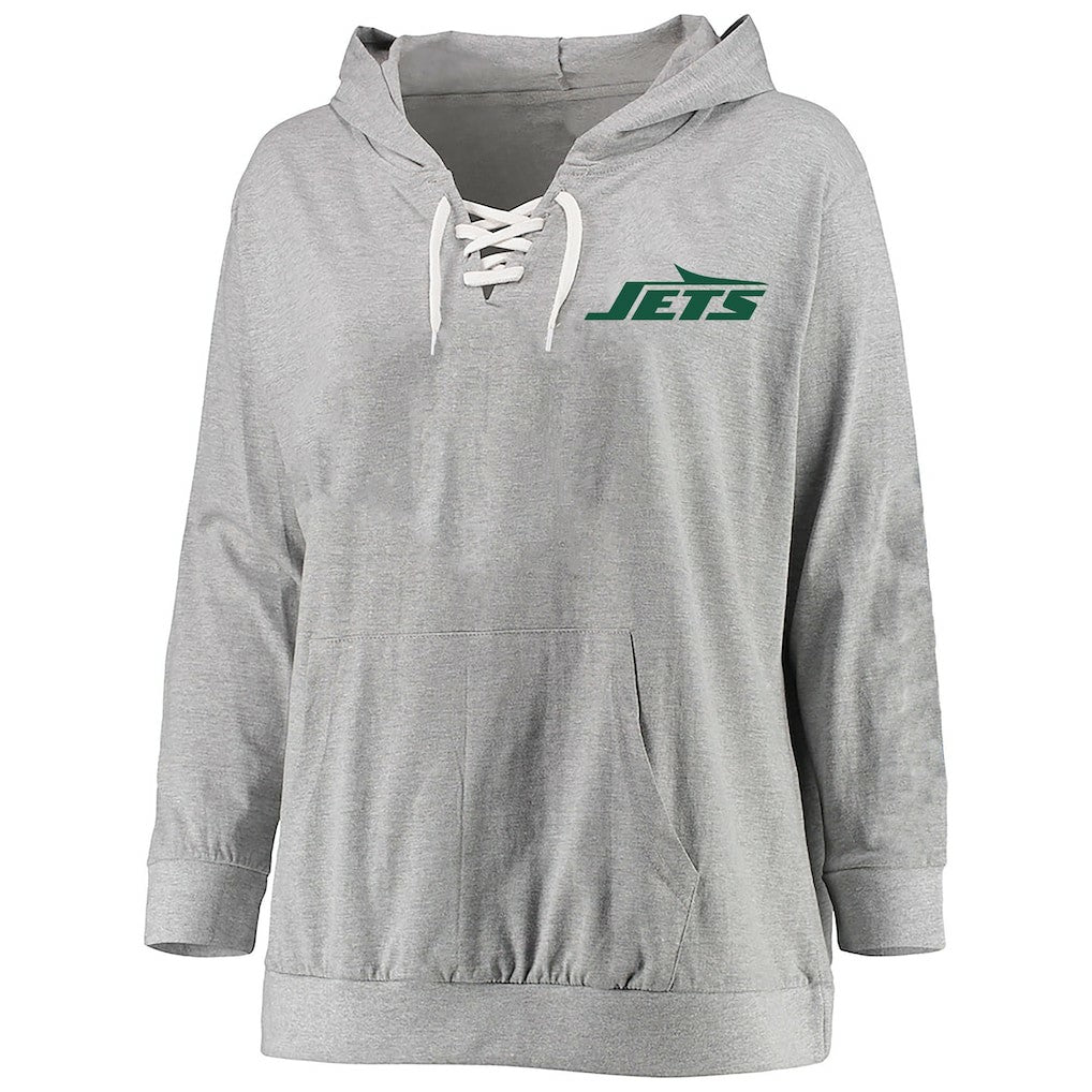 New York Jets Women's Plus Size Lace-up Pullover Hoodie - Heather Gray outlet