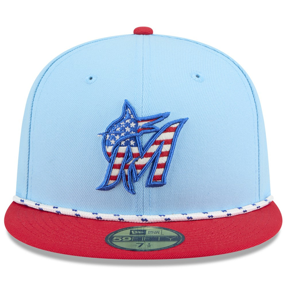 Miami Marlins 2025 Fourth of July 59FIFTY Fitted Hat - Light Blue/Red | New Era