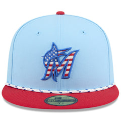 Miami Marlins 2025 Fourth of July 59FIFTY Fitted Hat - Light Blue/Red | New Era