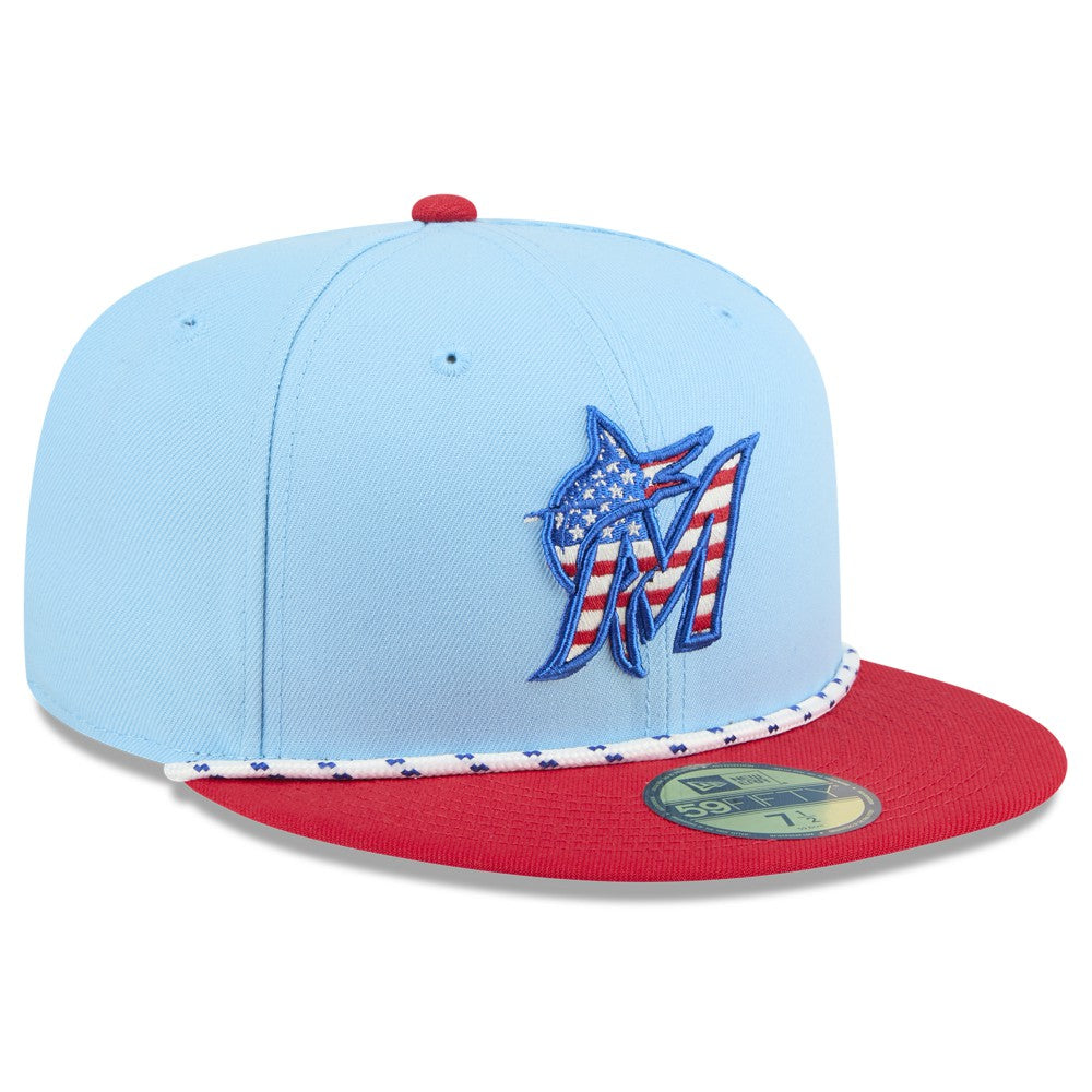 Miami Marlins 2025 Fourth of July 59FIFTY Fitted Hat - Light Blue/Red | New Era