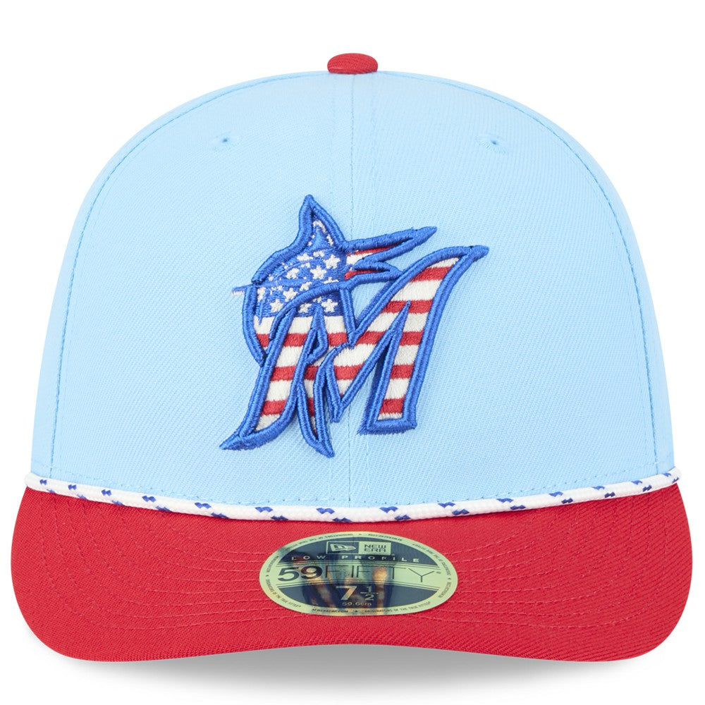 Miami Marlins 2025 Fourth of July Low Profile 59FIFTY Fitted Hat - Light Blue/Red | New Era