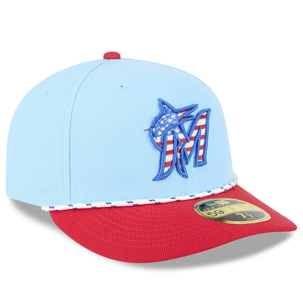 Miami Marlins 2025 Fourth of July Low Profile 59FIFTY Fitted Hat - Light Blue/Red | New Era