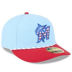 Miami Marlins 2025 Fourth of July Low Profile 59FIFTY Fitted Hat - Light Blue/Red | New Era