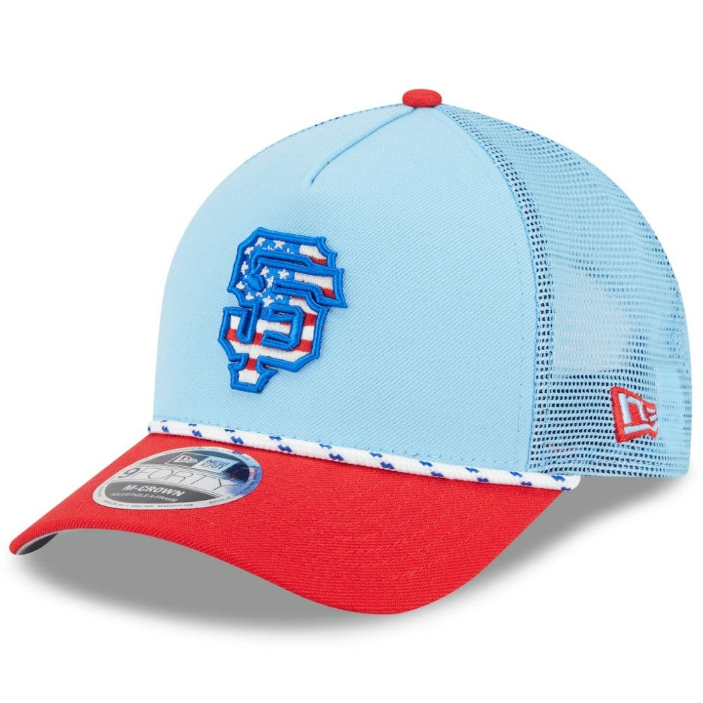 San Francisco Giants 2025 Fourth of July 9FORTY A-Frame M-Crown Adjustable Trucker Hat - Light Blue/Red | New Era