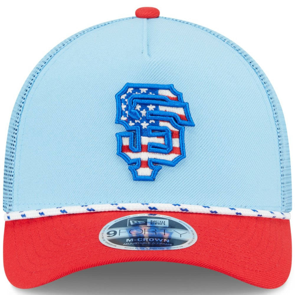 San Francisco Giants 2025 Fourth of July 9FORTY A-Frame M-Crown Adjustable Trucker Hat - Light Blue/Red | New Era