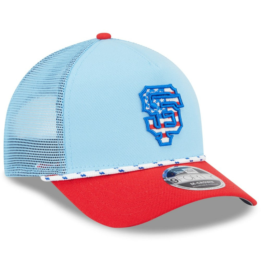 San Francisco Giants 2025 Fourth of July 9FORTY A-Frame M-Crown Adjustable Trucker Hat - Light Blue/Red | New Era