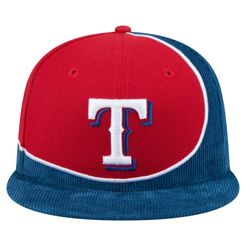 Texas Rangers Retro Split Corduroy Snapback Hat - Royal/Red | New Era