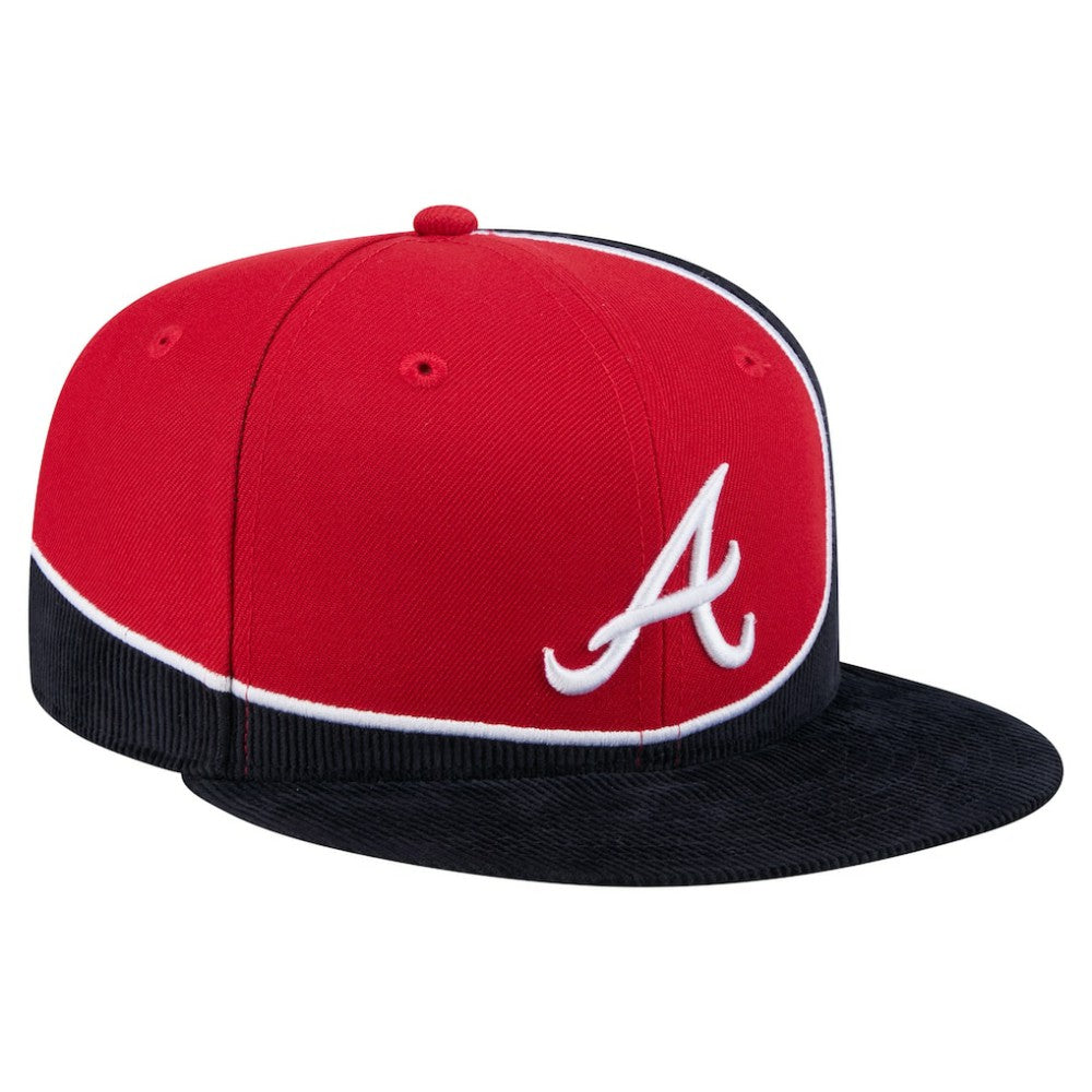 Atlanta Braves Retro Split Corduroy Snapback Hat - Navy/Red | New Era