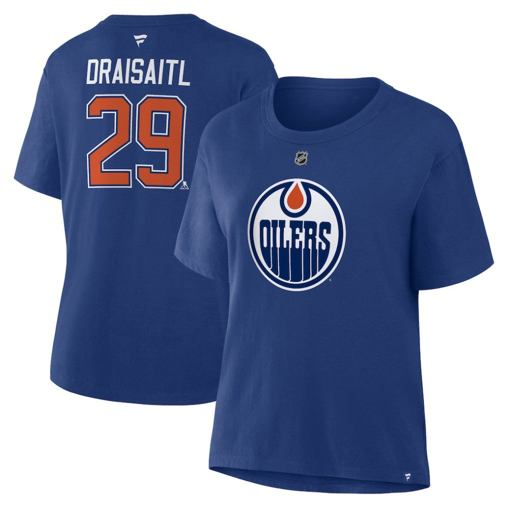 Leon Draisaitl Edmonton Oilers Fanatics Women's Authentic Stack Name & Number T-Shirt Royal