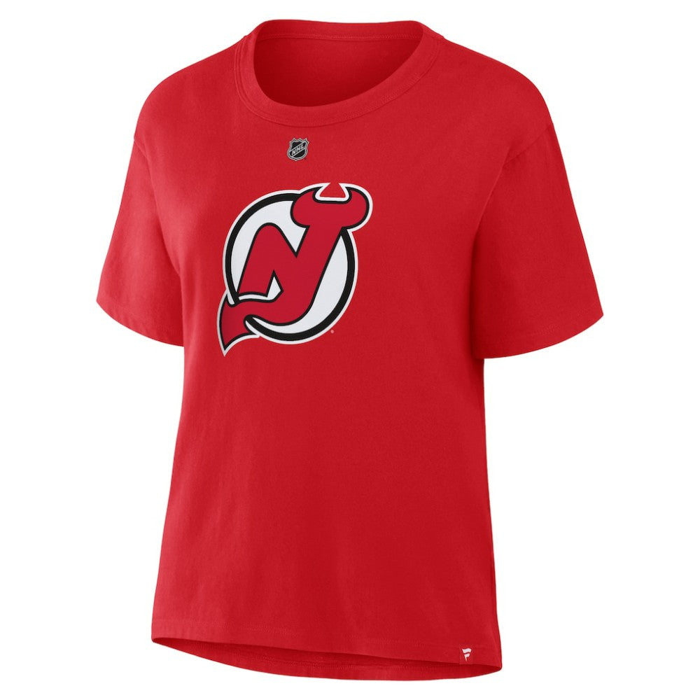 Jack Hughes New Jersey Devils Fanatics Women's Authentic Stack Name & Number T-Shirt Red