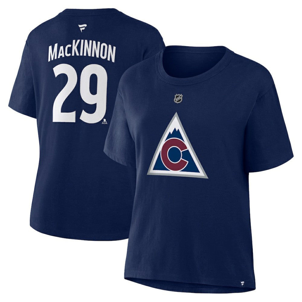Nathan MacKinnon Colorado Avalanche Fanatics Women's Authentic Stack Name & Number T-Shirt Navy