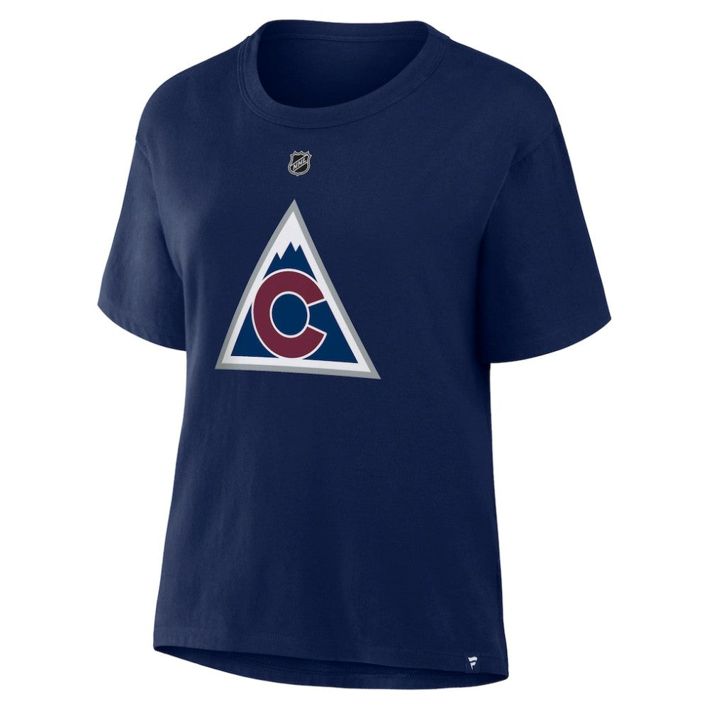 Nathan MacKinnon Colorado Avalanche Fanatics Women's Authentic Stack Name & Number T-Shirt Navy