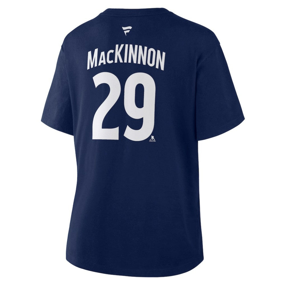 Nathan MacKinnon Colorado Avalanche Fanatics Women's Authentic Stack Name & Number T-Shirt Navy
