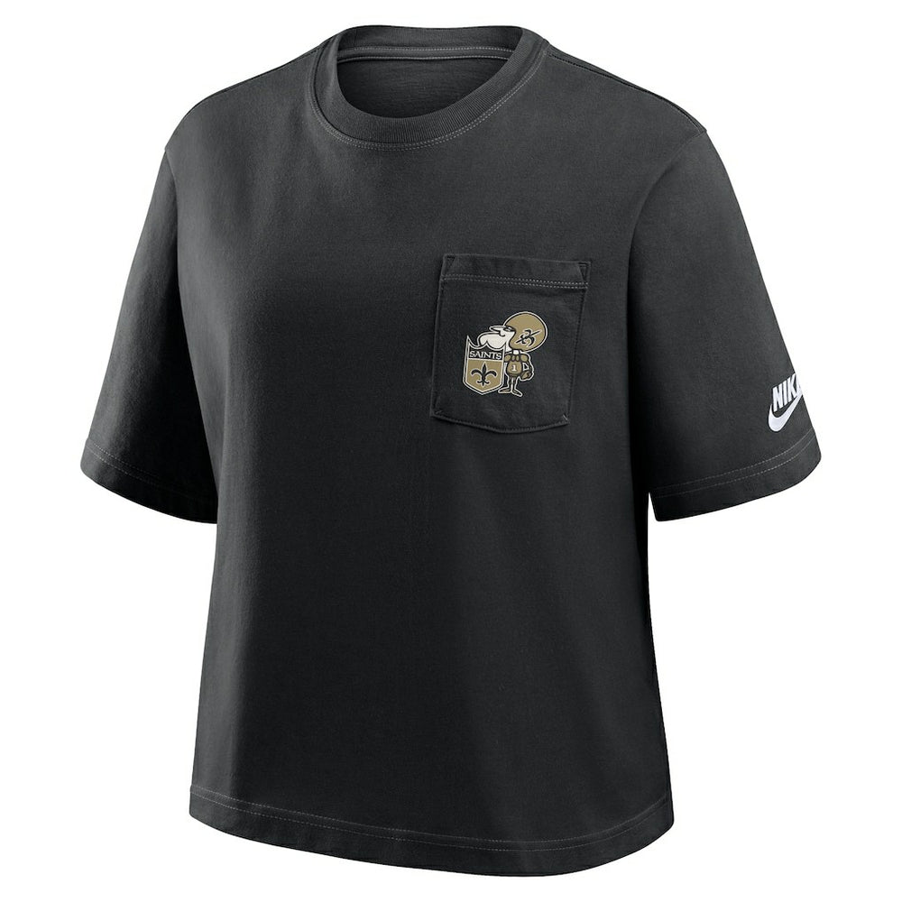 New Orleans Saints Women's Rewind Pocket Boxy T-Shirt - Black | Nike on sale