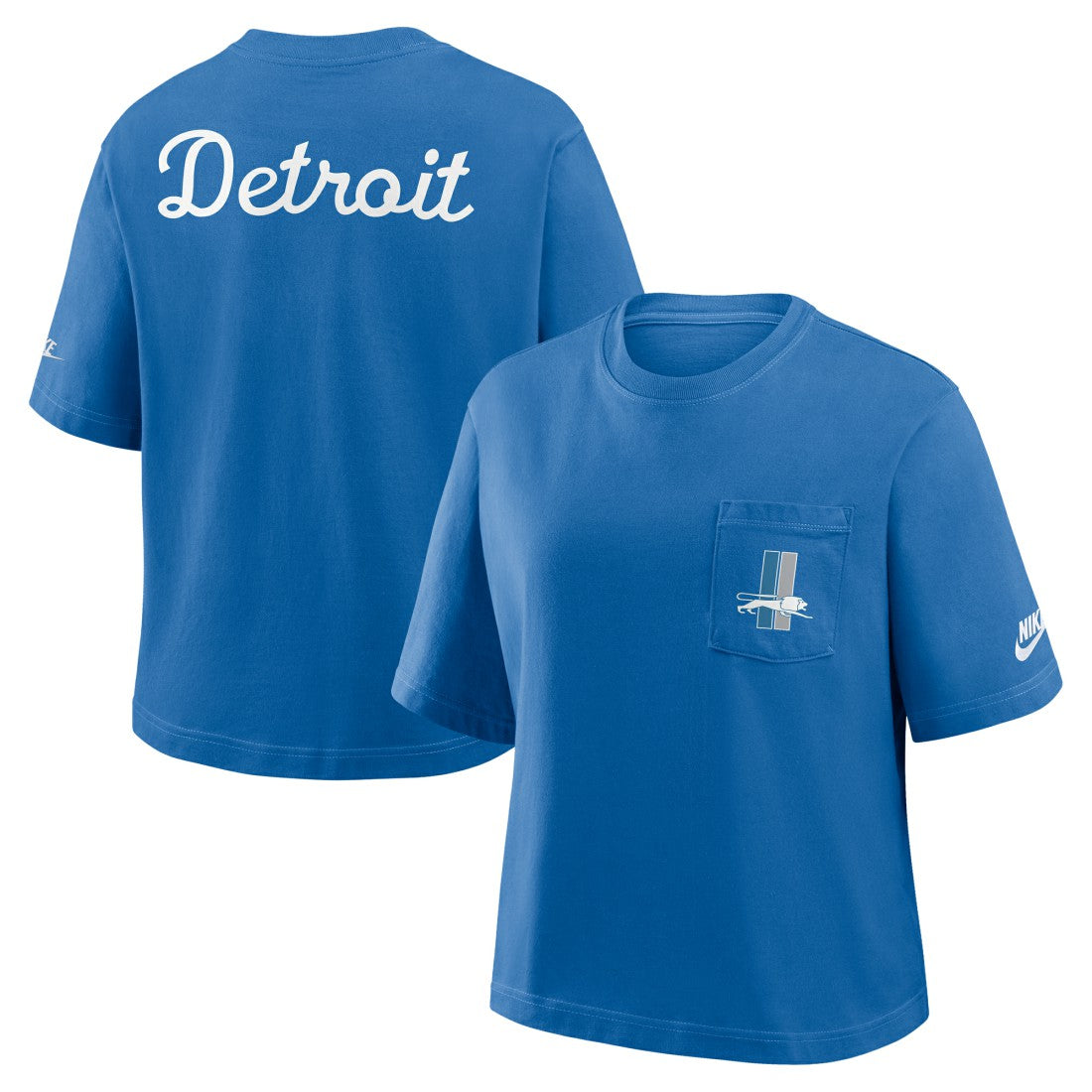 Detroit Lions Women's Rewind Pocket Boxy T-Shirt - Blue | Nike outlet