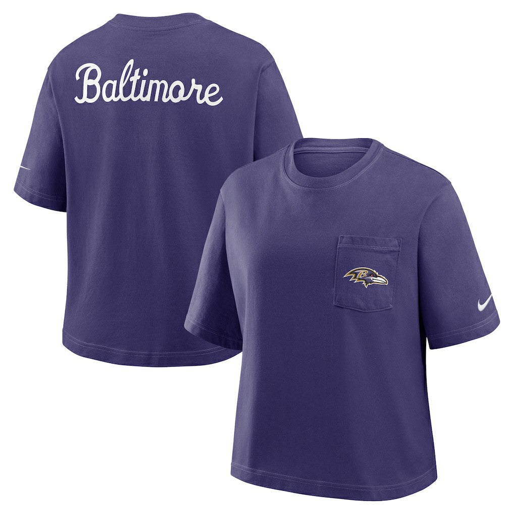 Baltimore Ravens Women's Rewind Pocket Boxy T-Shirt - Purple | Nike discount