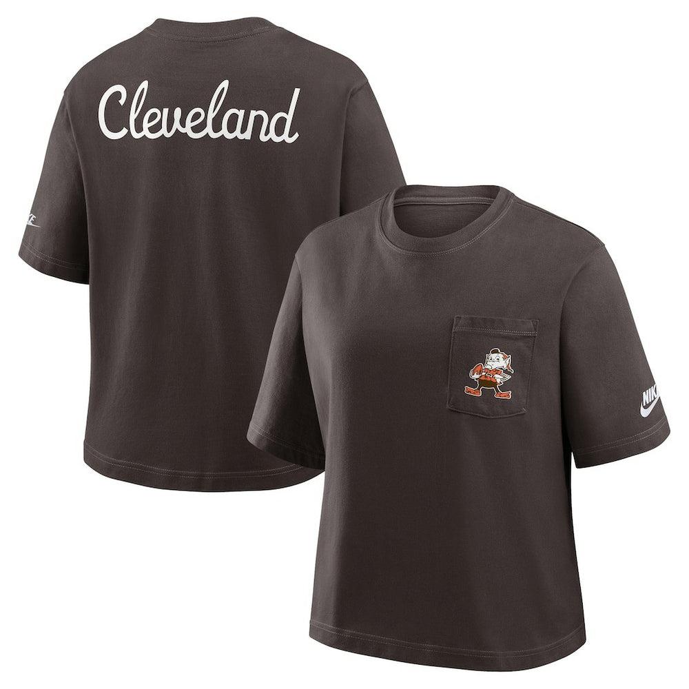 Cleveland Browns Women's Rewind Pocket Boxy T-Shirt - Brown | Nike for sale