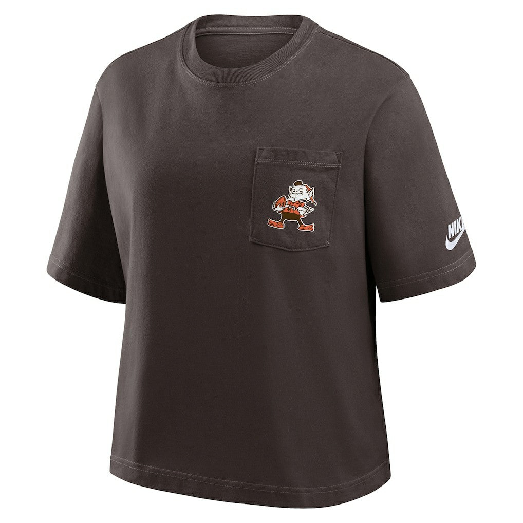 Cleveland Browns Women's Rewind Pocket Boxy T-Shirt - Brown | Nike for sale