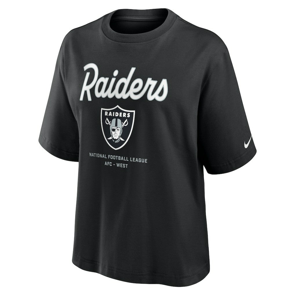 Las Vegas Raiders Women's Essential Script Relaxed Boxy T-Shirt - Black | Nike for sale