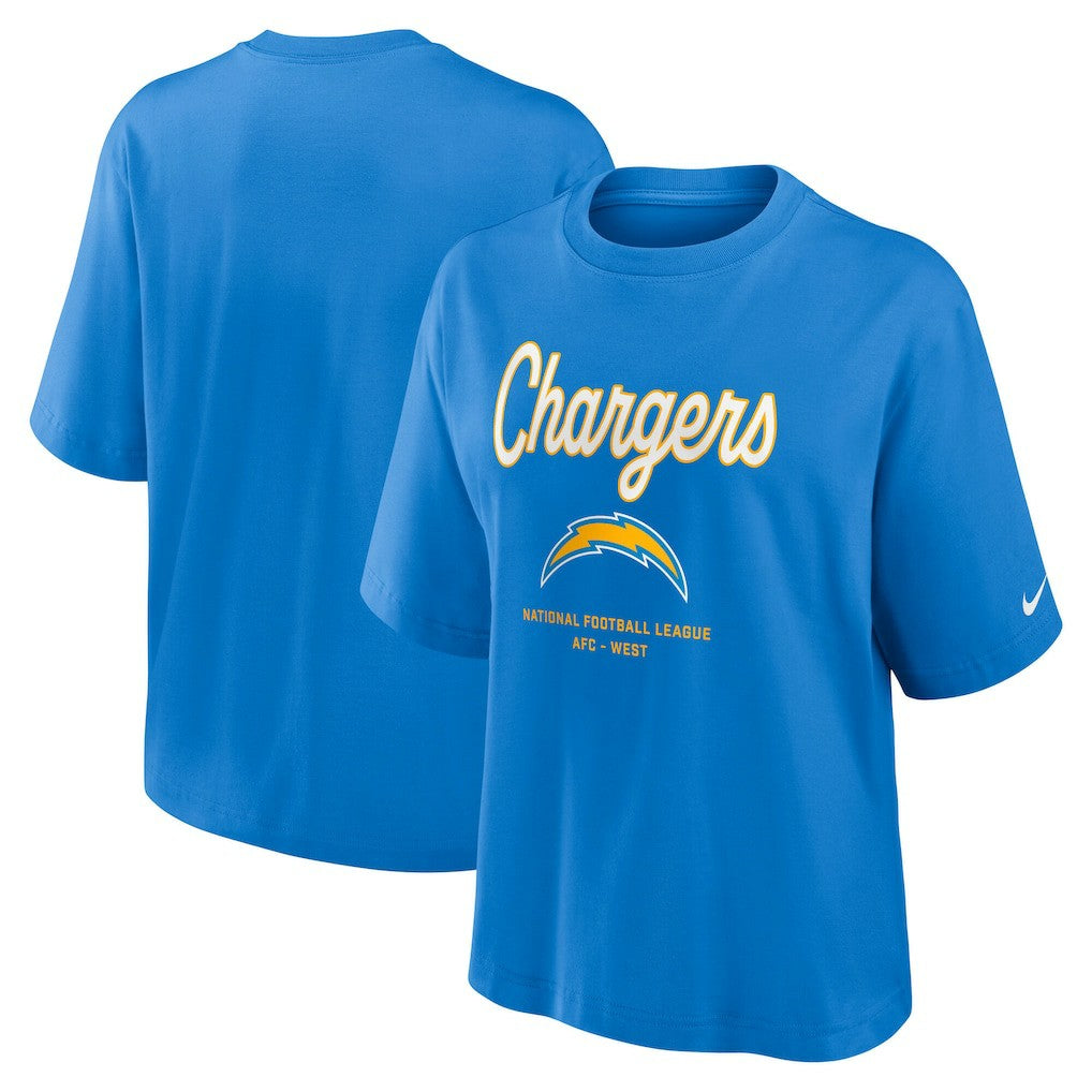 Los Angeles Chargers Women's Essential Script Relaxed Boxy T-Shirt - Powder Blue | Nike on sale