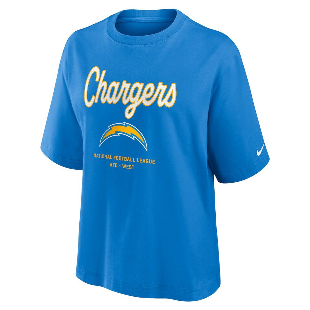 Los Angeles Chargers Women's Essential Script Relaxed Boxy T-Shirt - Powder Blue | Nike on sale