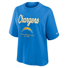 Los Angeles Chargers Women's Essential Script Relaxed Boxy T-Shirt - Powder Blue | Nike on sale