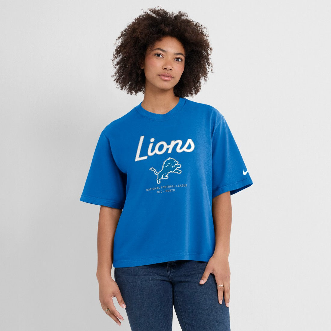 Detroit Lions Women's Essential Script Relaxed Boxy T-Shirt - Blue | Nike on sale