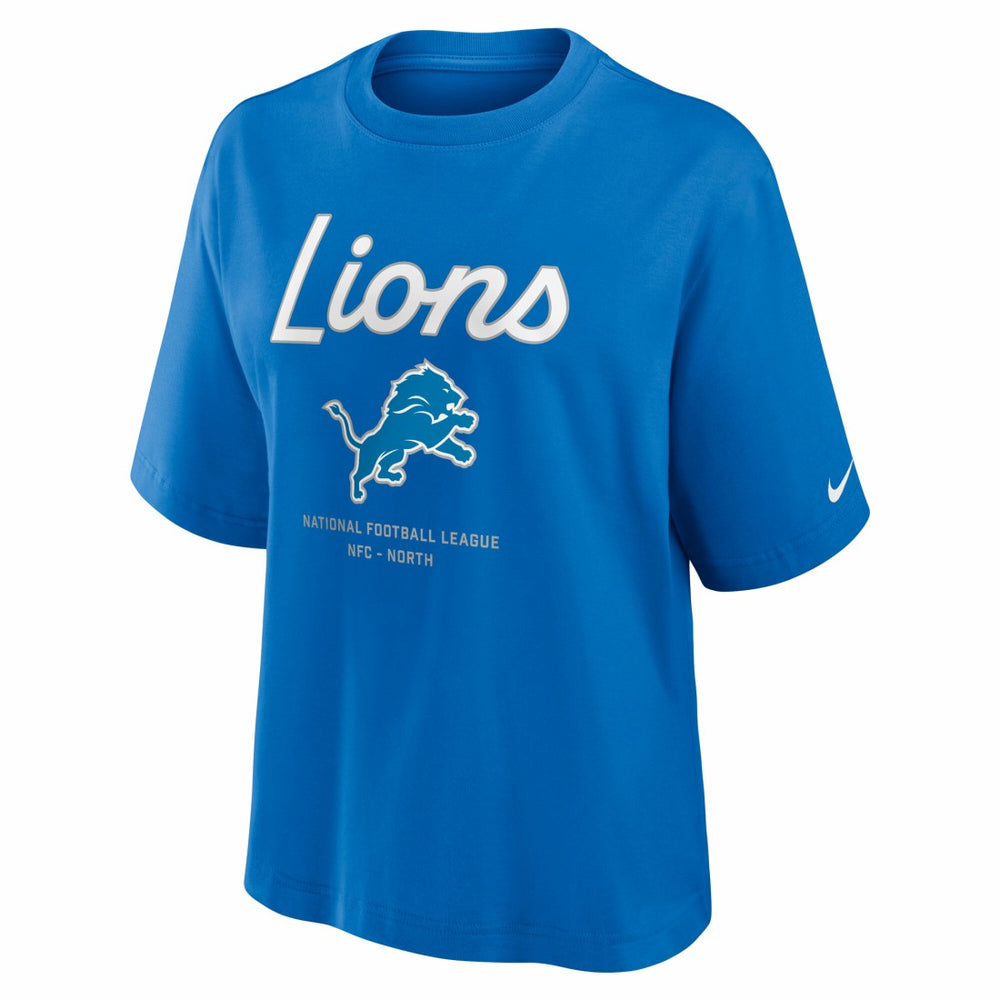 Detroit Lions Women's Essential Script Relaxed Boxy T-Shirt - Blue | Nike on sale