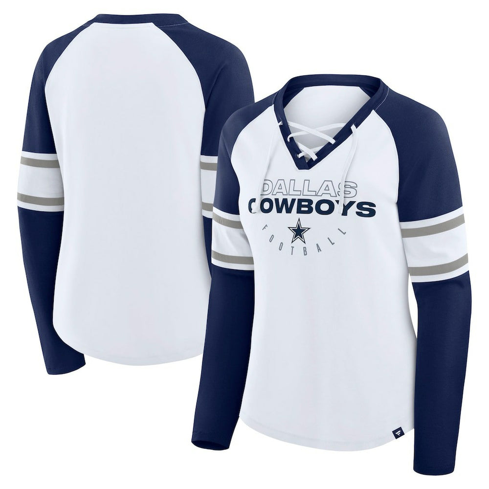 Dallas Cowboys Women's Redzone Blitz Package Raglan Lace-Up V-Neck Long Sleeve T-Shirt - White/Navy for sale