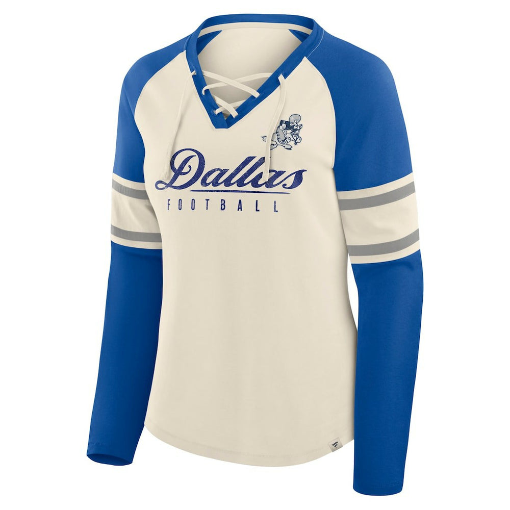 Dallas Cowboys Women's Hometown Gridiron Hero Raglan Lace-Up V-Neck Long Sleeve T-Shirt - Cream/Royal outlet