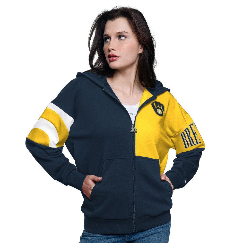 Milwaukee Brewers Starter Women's Curve Ball Full Zip Hoodie Sweatshirt - Navy/Gold