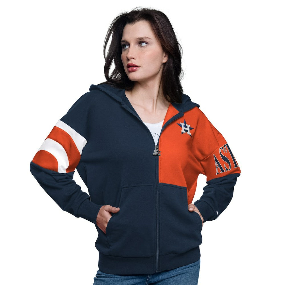 Houston Astros Starter Women's Curve Ball Full Zip Hoodie Sweatshirt - Navy/Orange