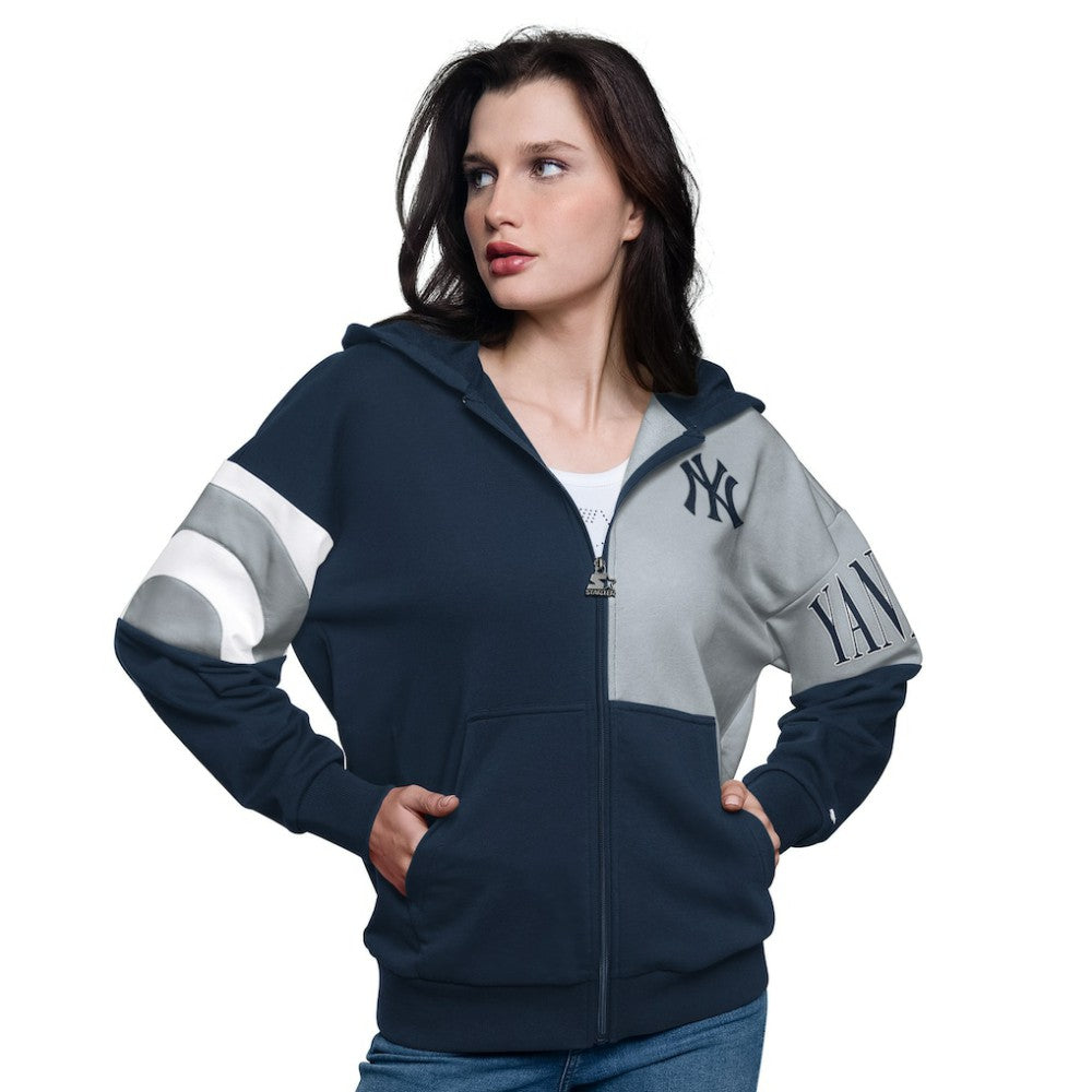 New York Yankees Starter Women's Curve Ball Full Zip Hoodie Sweatshirt - Navy/Gray