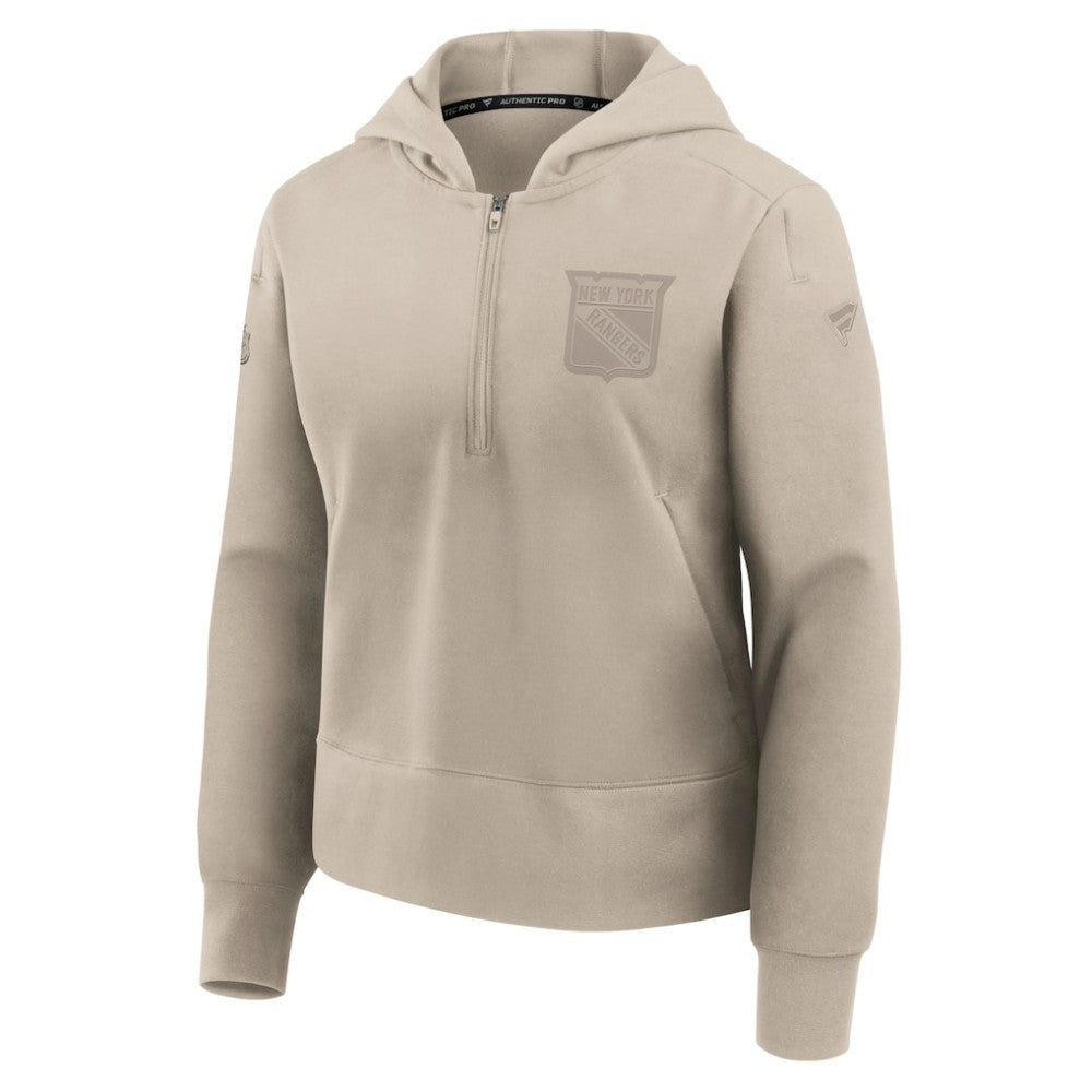 New York Rangers Fanatics Women's Authentic Pro Road Tri-Blend Quarter-Zip Hoodie Tan