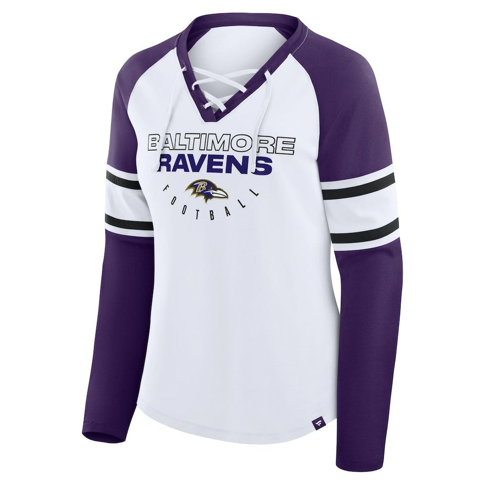 Baltimore Ravens Women's Redzone Blitz Package Raglan Lace-Up V-Neck Long Sleeve T-Shirt - White/Purple sale