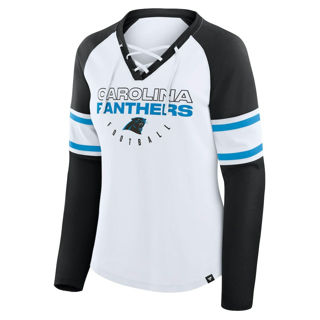 Carolina Panthers Women's Redzone Blitz Package Raglan Lace-Up V-Neck Long Sleeve T-Shirt - White/Black outlet