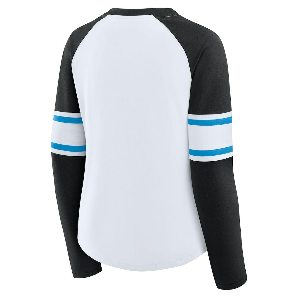Carolina Panthers Women's Redzone Blitz Package Raglan Lace-Up V-Neck Long Sleeve T-Shirt - White/Black outlet