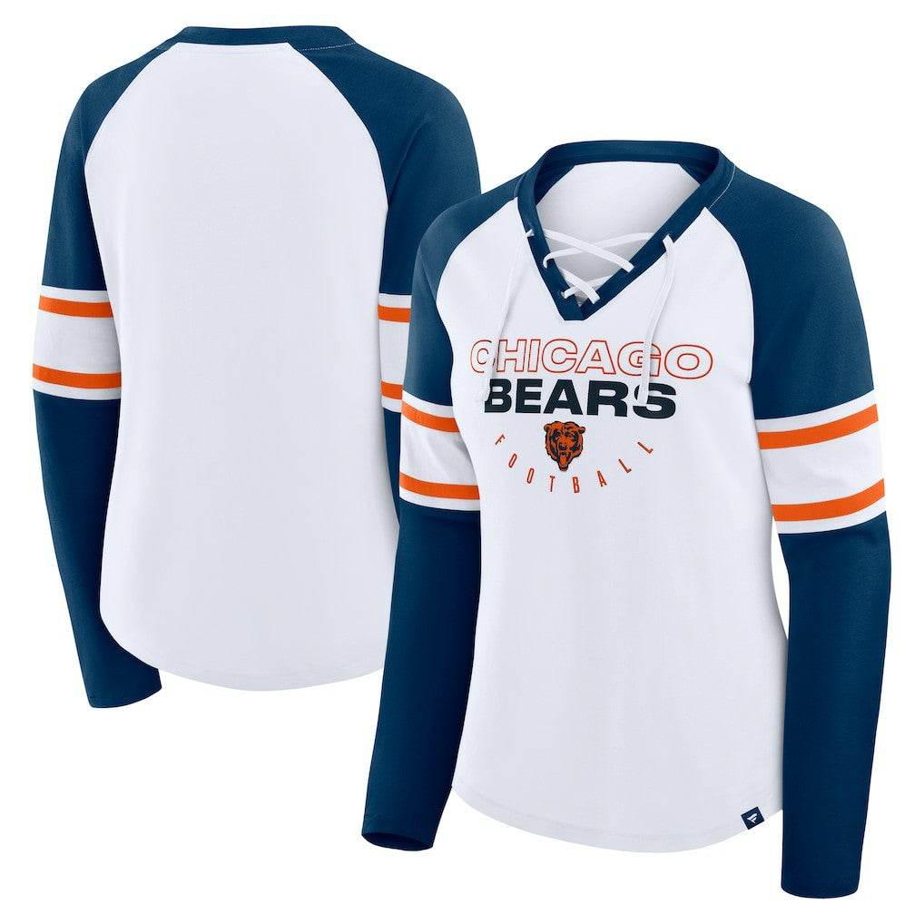 Chicago Bears Women's Redzone Blitz Package Raglan Lace-Up V-Neck Long Sleeve T-Shirt - White/Navy discount