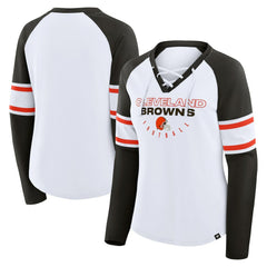 Cleveland Browns Women's Redzone Blitz Package Raglan Lace-Up V-Neck Long Sleeve T-Shirt - White/Brown on sale