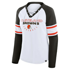 Cleveland Browns Women's Redzone Blitz Package Raglan Lace-Up V-Neck Long Sleeve T-Shirt - White/Brown on sale